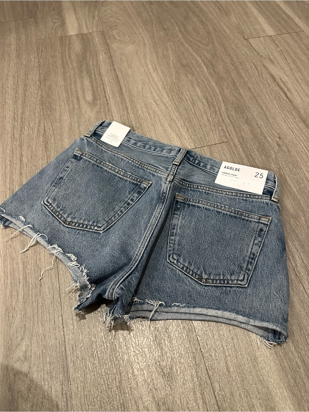 Agolde Parker Short- Medium Blue Distressed High-Rise Denim Shorts - Picture 2 of 3